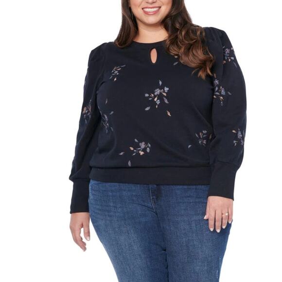 Wit & Wisdom Floral Embroidered Sweatshirt Size 3X Dark Blue Shirred Keyhole - Picture 2 of 14